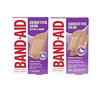 Band-Aid Brand Adhesive Bandages for Sensitive Skin, Hypoallergenic Sterile First-Aid Bandages Suitable for Eczema-Prone Skin, 20 CT Box of Assorted Sizes + 7 CT Box of Extra Large Size