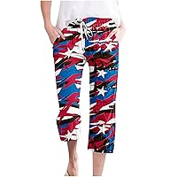 Womens American Flag Print Capri Pants Summer Casual Drawstring Waist 4th of July Patriotic Beach Pants with Pockets