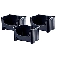 Jumbo Stackable Storage Bins, Pack of 3, Easy-Access Storage, Large Easy-To-Grip Handles, Wide Front Opening, Interlocking, Stack Vertically, Black