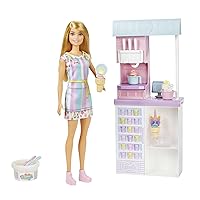 Careers Doll & Accessories, Ice Cream Shop Playset with Blonde Doll, Ice Cream Machine, Molds, Dough & More