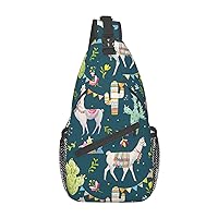 Llama Animal Alpaca Tropical Cactus Sling Backpack, Multipurpose Travel Hiking Daypack Rope Crossbody Shoulder Bag