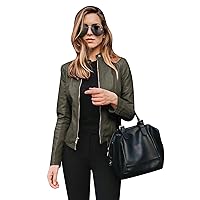 BOFETA Womens Faux Leather Long Sleeve Jackets Quilted Moto Outwear Slim Lapel Coats