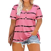 RITERA Plus Size Tops for Women Short Sleeve Summer Shirts Oversized Causal Crew Round Neck Button Tunic Pink Tie Dye Stripes Basic Tshirt Loose Fit Henley Shirt Ladies Tunic Blouse 2X 2XL 18W 20W