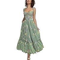 Xijun Women's Flower Embroidery Tulle Prom Dresses Corset Ruched Tea Length Floral Formal Evening Party Gowns