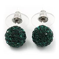 Emerald Green Diamante Ball Stud Earrings In Silver Plated Finish - 9mm Diameter