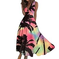 Flowy Dresses for Women Deep V Neck Casual Floral Long Dress Sleeveless Swing Cute Dresses Sexy Maxi Elegant Dress