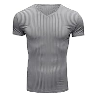 Men's Ribbed Shirt Short Sleeve Slim Fit Muscle T Shirts Stretch Henley Top V Neck Bodybuilding Workout Knit Soft Tee