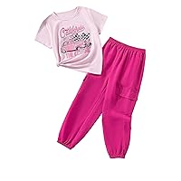 OYOANGLE Girl's 2 Piece Outfits Cartoon Short Sleeve Shirt and Belted Paperbag Pants Set