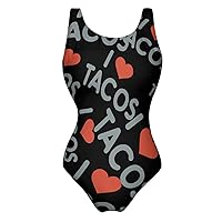 I Love Tacos Heart One Piece Swimsuit for Women Tummy Control Bathing Suit Slimming Backless Swimwear
