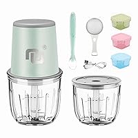 Portable Cordless Electric Baby Food Processor/Mini Food Chopper Rechargeable 0.3L/0.6L 2 Glass Containers Included for Dicing, Mincing&Pure Vegetable/Fruit/Meat w. 3 Baby Food Containers&Spoon