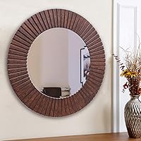 Chende 30'' Round Mirror with Wood Frame, Large Decorative Mirror for Wall, Farmhouse Bathroom Mirror with Bronze Groove Finish for Living Room, Entryway, Bedroom