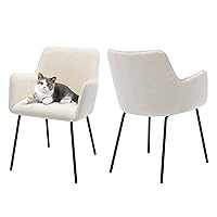ONEVOG Creamy White Kitchen & Dining Room Chairs Set of 2, Upholstered Small Space Dining Chair Set with Arms and Black Metal Legs, Fabric Kitchen Chairs with Curved Back Support