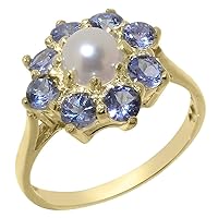Solid 10k Yellow Gold Cultured Pearl & Tanzanite Womens Cluster Ring - Sizes 4 to 12 Available