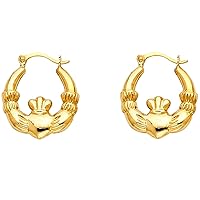 Solid 14k Yellow Gold Claddagh Hoop Earrings Hollow Polished Religious Design Genuine 15 x 15 mm