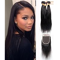 Mike & Mary® Brazilian Straight Hair Weaves with Lace Closure Free Part Virgin Remy Cheap Human Hair Bundles Natural Color, Brazilian Hair 3 Bundles with Closure (18 20 22+14 inch closure)