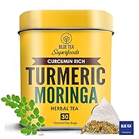 BLUE TEA - Turmeric Moringa Herbal Tea - 30 Tea Bags | MOTHERS DAY GIFT | Indian Superfood | Caffeine Free - Non-GMO - Vegan - Gluten Free | Reusable Tin Pack