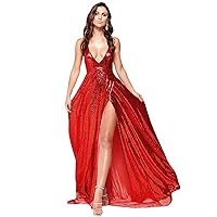 Women's Deep V Neck Sequins Prom Dresses Spaghetti Straps Backless Maxi Long Evening Formal Gowns with Slit Red