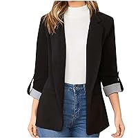 Womens Suit Jacket Stripe Trim Rolled 3/4 Sleeve Blazers 2023 Fall Fashion Dressy Casual Notched Lapel Button Blazer