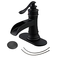 BWE Black Bathroom Faucet Matte Waterfall Farmhouse Vanity Sink Lavatory Single Hole Faucets One Handle Bath Antique with Brass Pop Up Drain Stopper Mixer Tap Overflow Water Supply Line Lead-Free