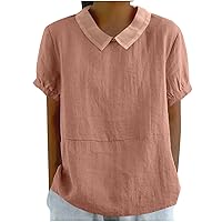 Summer Cotton Linen T Shirts for Women Dressy Casual Peter Pan Collar Blouses Short Sleeve Going Out Tops Basic Tees