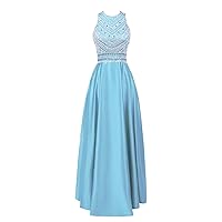 Women's Satin Evening Party Gowns Beading Long Formal Prom Dresses