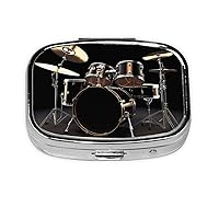 Cool Drum Set Print Square Pill Box With 2 Compartment Portable Mini Pill Case Metal Pill Organizer Pill Container For Pocket Purse Office Travel