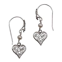 NOVICA Handmade Cultured Freshwater Pearl Heart Earrings .925 Sterling Silver White Dangle Indonesia Floral Birthstone [1.5 in L x 0.5 in W x 0.1 in D] 'Love in Nature'