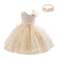 ACSUSS Infant Baby Girls Multi-Layered Hem Princess Dress Bow Knot Butterfly Appliques Tulle Dress with Flower Headband