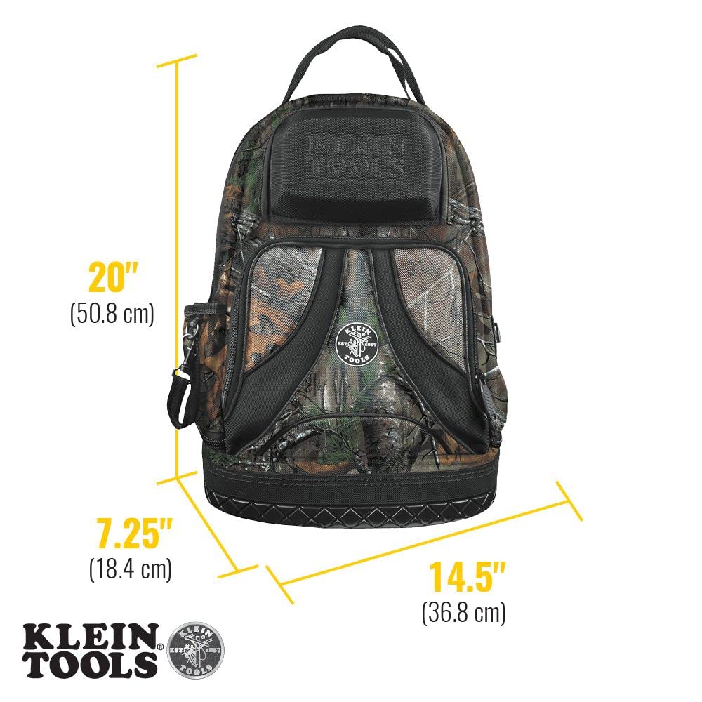 Klein Tools 55421BP14CAMO Tool Bag Backpack, Heavy Duty Tradesman Pro Tool Organizer / Tool Carrier has 39 Pockets, Molded Base, Camo Design