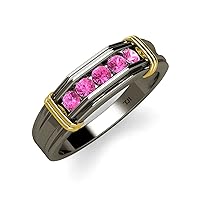 Round Pink Sapphire 1/2 ctw 5 Stone Men Wedding Ring in Black Rhodium Plated 14K Gold