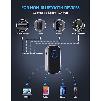 COMSOON Bluetooth 5.0 Receiver for Car, Noise Cancelling Bluetooth AUX Adapter, Bluetooth Music Receiver for Home Stereo/Wired Headphones, Hands-Free Call, 16H Battery Life - Black+Silver