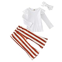Baby Dolls Shoes Toddler Kids Baby Girls Long Sleeve Ribbed Ruffle T Shirt Tops Striped Flared Pants Headband 3PCS Outfits Clothes Set Baby Girls (White, 2-3 Years)