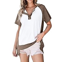 Oversized Color Block Tee Tops Womens Summer High Low Hem Henley Shirts Dressy Casual Raglan Short Sleeve Pullover