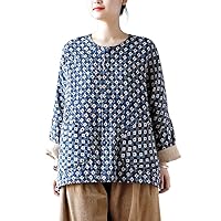 Cotton Bat Sleeve Printed Chinese Shirt Round Neck Chinese Tops Blouse for Women Multicoloured