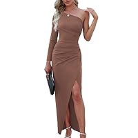 Sarin Mathews Womens One Shoulder Long Sleeve Cocktail Dresses Sexy Bodycon Ruched Wrap Split Party Formal Long Dress