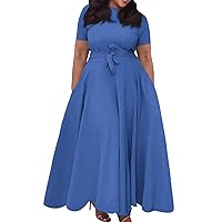 Plus Size Dress for Women Elegant Solid/Print Flowy Maxi Dress Summer Casual High Waist Short Sleeve Dress
