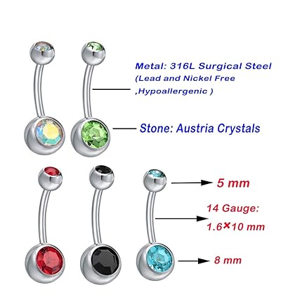 15 PCS Assorted Colors Belly Button Ring Surgical Steel Hypoallergenic Lead and Nickel Free,14 Gauge Navel Piercing Body Jewelry (15 PCS:Steel Ball)