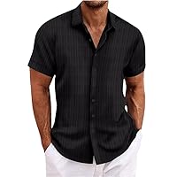 Men's Linen Striped Casual Loose Short-Sleeved Shirt,Men's Solid Color Short Sleeve Shirt