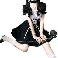 Lolita Gothic Dress Japanese Cute Lolita Skirt Dark Puff Sleeve Waist Dress Female (Color : Black, Size : Large)