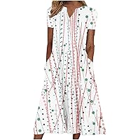 Trendy Strip Print Short Sleeve V Neck T-Shirt Dress for Womens Summer Casual Loose Fit Tunic Mid Dress with Pockets