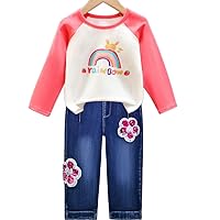 Peacolate 2-8Years Little Girls Winter 2pcs Clothing Set Long Sleeve Thicken Velvet t shirt and Blue Jeans