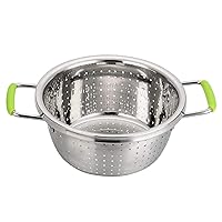 Stainless Steel Deep Colander Micro-perforated 2.5 Quart Metal Food Strainer with Green Silicone Handles for Draining Pasta Cleaning Food like Fruit