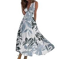 Summer Dresses for Women 2024 Sleeveless Sundresses Flowy Floral Print Maxi Dress Wrap V Neck Elegant Beach Dress