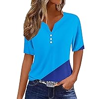 Short Sleeve Tops for Women Summer Casual V Neck Button T Shirts Trendy Color Block Dressy Blouses Cute Clothes