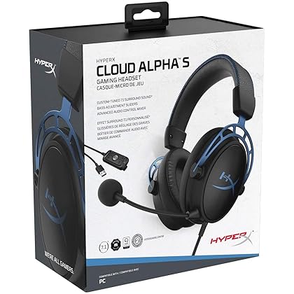 HyperX Cloud Alpha S - PC Gaming Headset, 7.1 Surround Sound, Adjustable Bass, Dual Chamber Drivers, Chat Mixer, Breathable Leatherette, Memory Foam, and Noise Cancelling Microphone - Blue