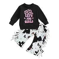 Hnyenmcko Toddler Western Baby Girl Clothes Bell Bottom Outfits Long Sleeve Cowgirl Sweatshirt + Cow Print Pants Fall Outfit (Tassel-Black Pink, 2-3 Years)