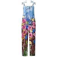 Women's Summer Rompers 2023 Fashion Sweet Loose Casual Printed Retro Strappy Jumpsuit Rompers