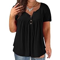 VISLILY Women's Plus Size Henley Shirts Flowy Summer Tops Pleated Buttons Up Tunics