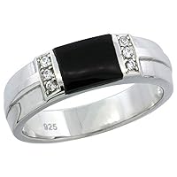 Sterling Silver Cubic Zirconia Mens Wedding Band Ring Black Onyx, 1/4 inch wide