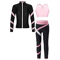 YiZYiF Kids Girls Figure Ice Skating Gym Training Suit Long Sleeve Jacket Sleeveless Crop Top with Skating Pants Set